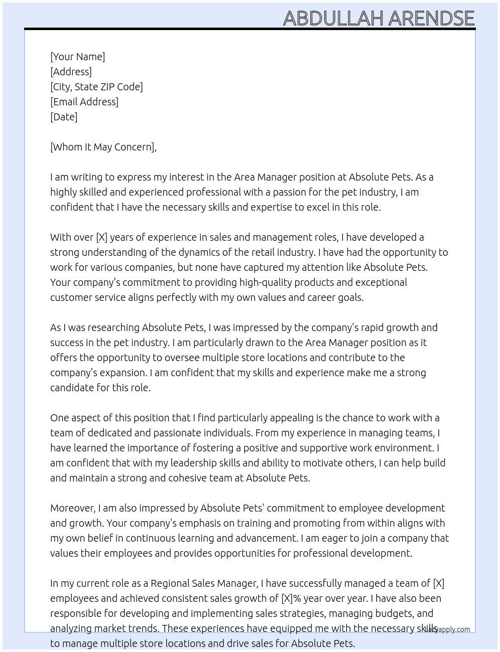 Area manager  At Absolute Pets  Cover Letter