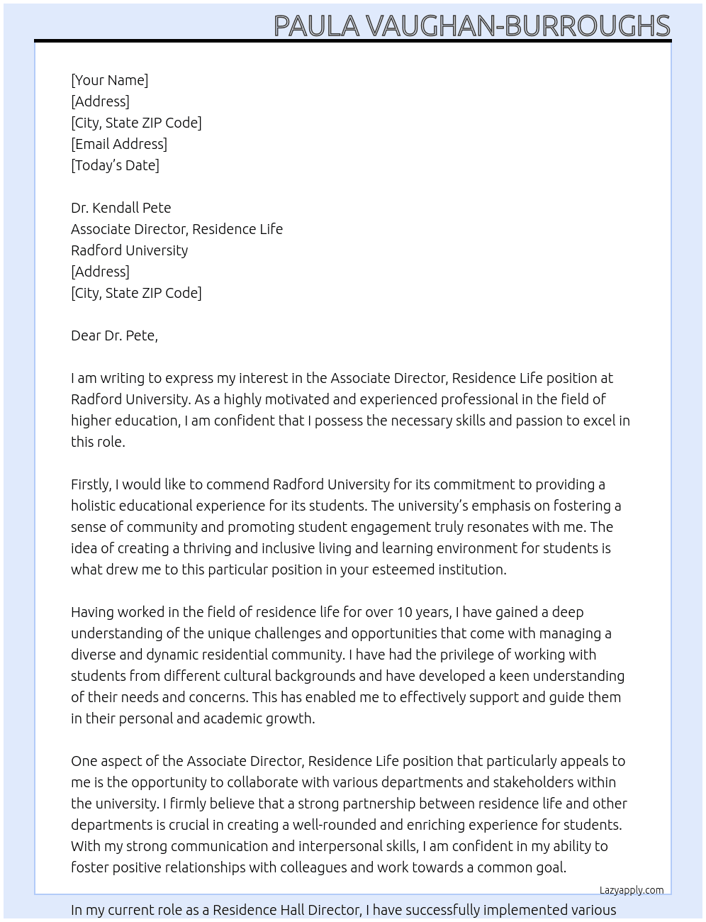 Associate Director, Residence Life  At Radford University Cover Letter