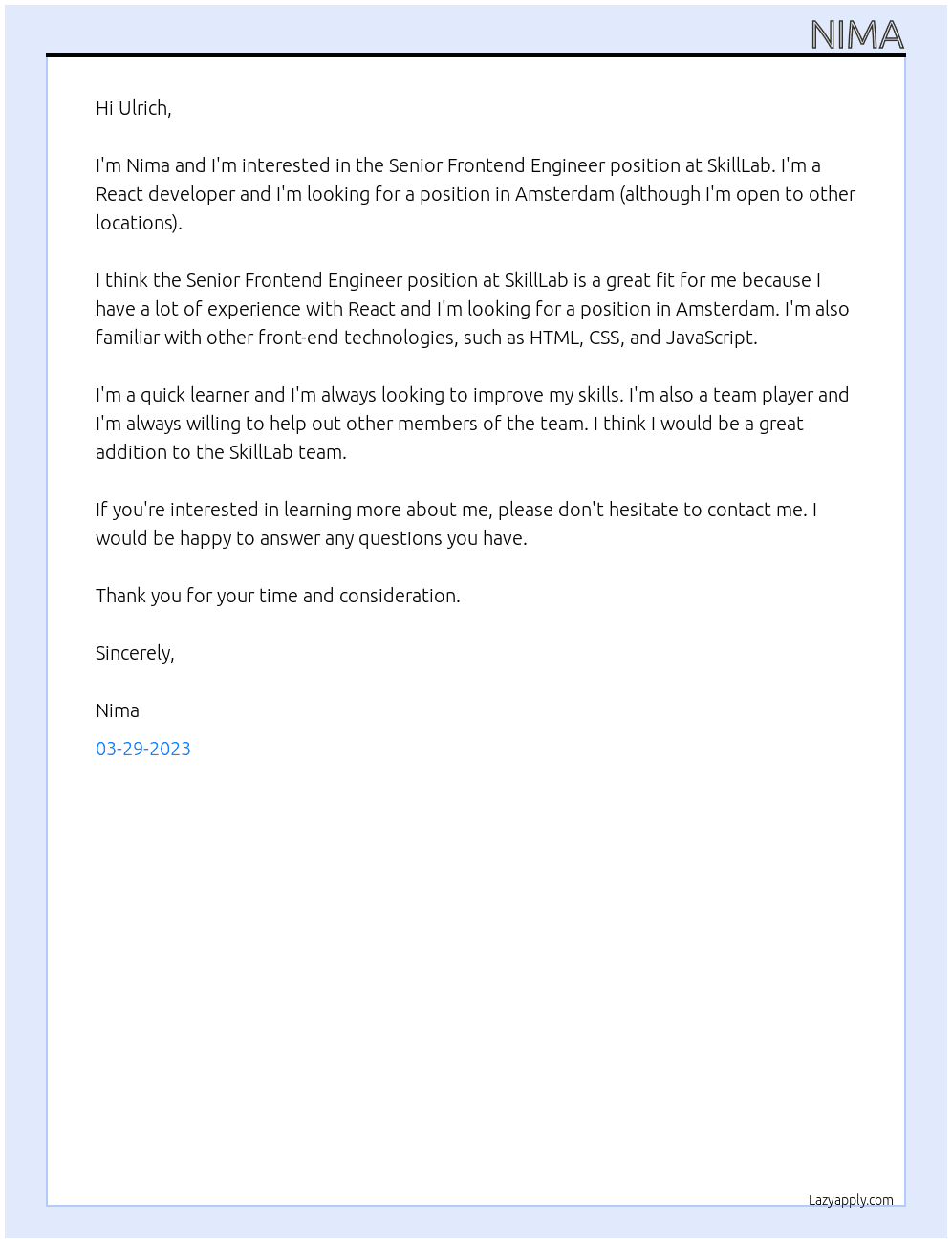 Senior Frontend Engineer At SkillLab Cover Letter