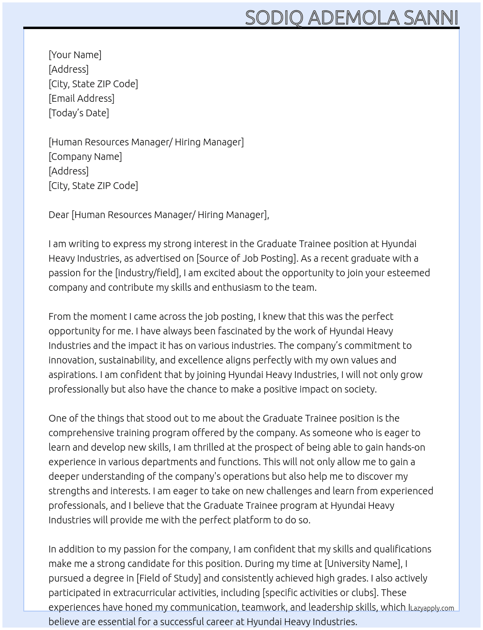 Graduate Trainee At Hyundai Heavy Industries Cover Letter