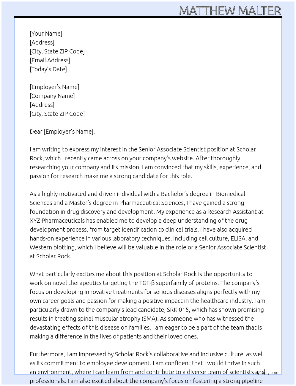Senior Associate Scientist At Scholar Rock Cover Letter