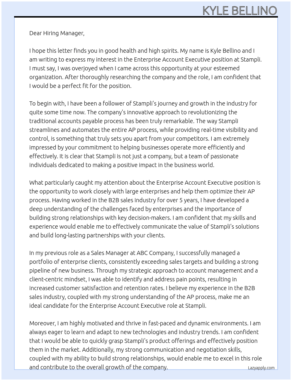 Enterprise Account Executive At stampli Cover Letter