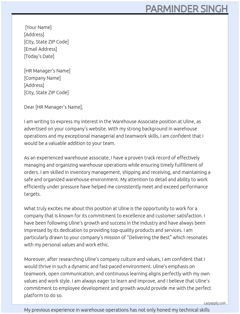 Warehouse associate At Uline Cover Letter