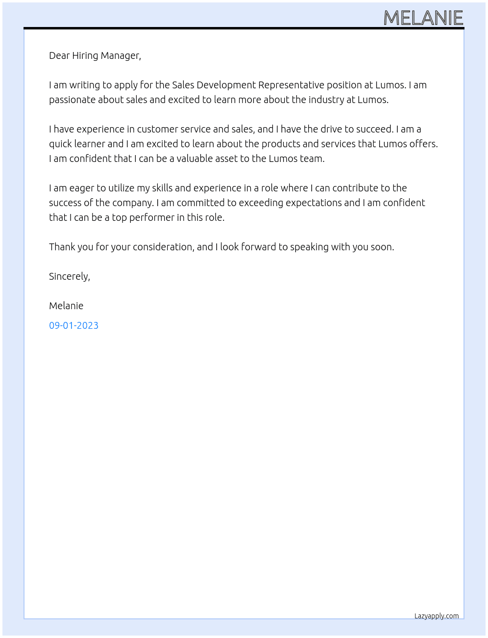 Sales Development Representative At Lumos Cover Letter