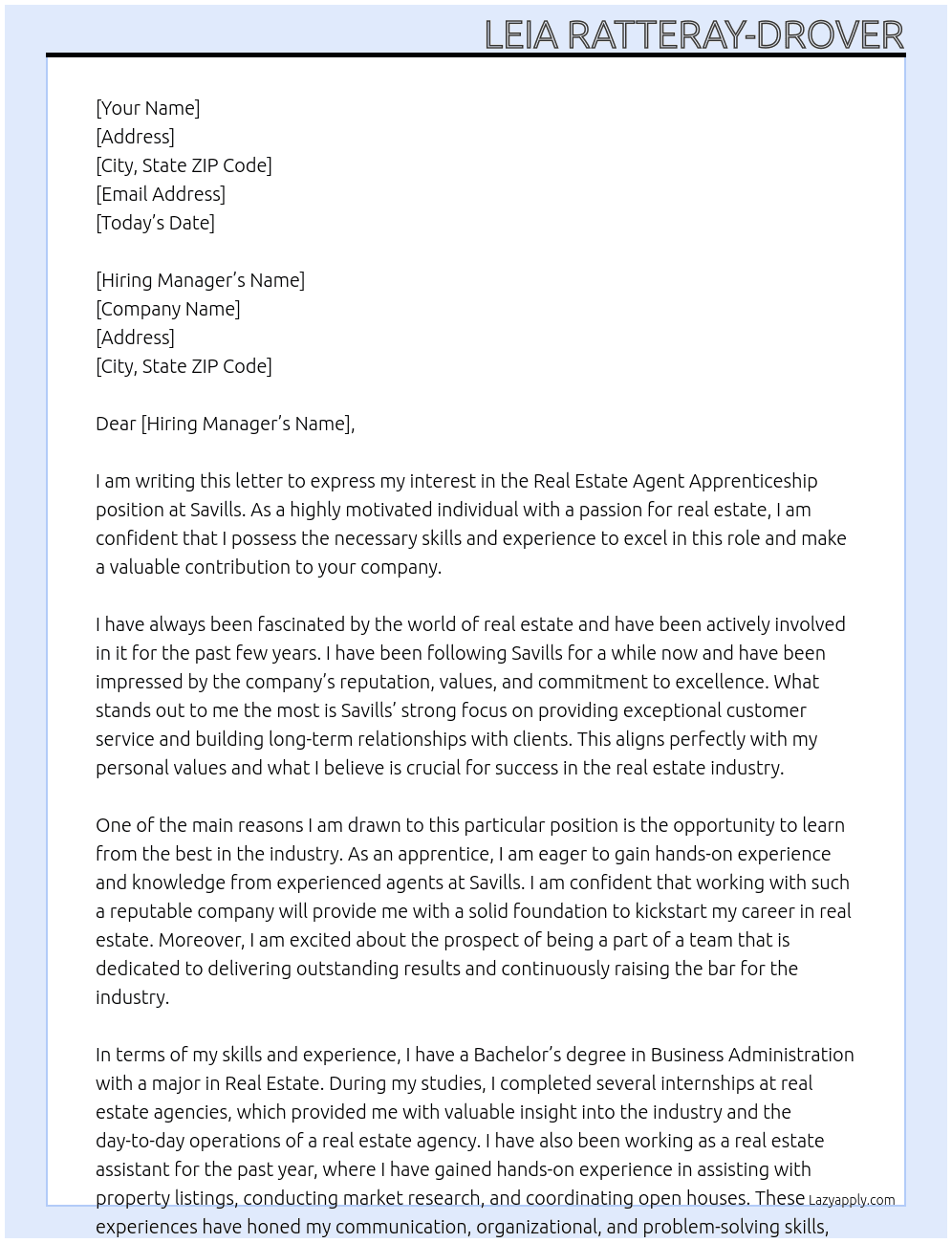 Real estate agent apprenticehsip At savills Cover Letter