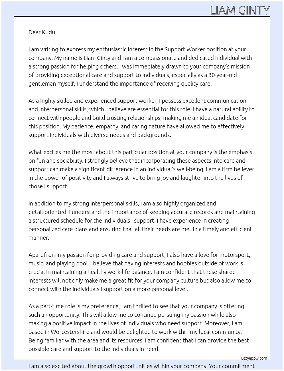 Support Worker  At for a 30 year old gentleman Cover Letter