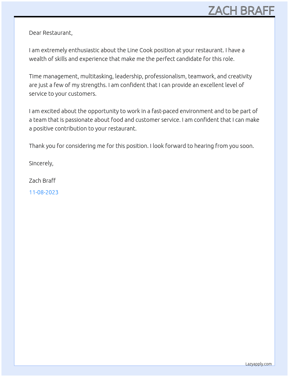 Line Cook At Restaurant Cover Letter