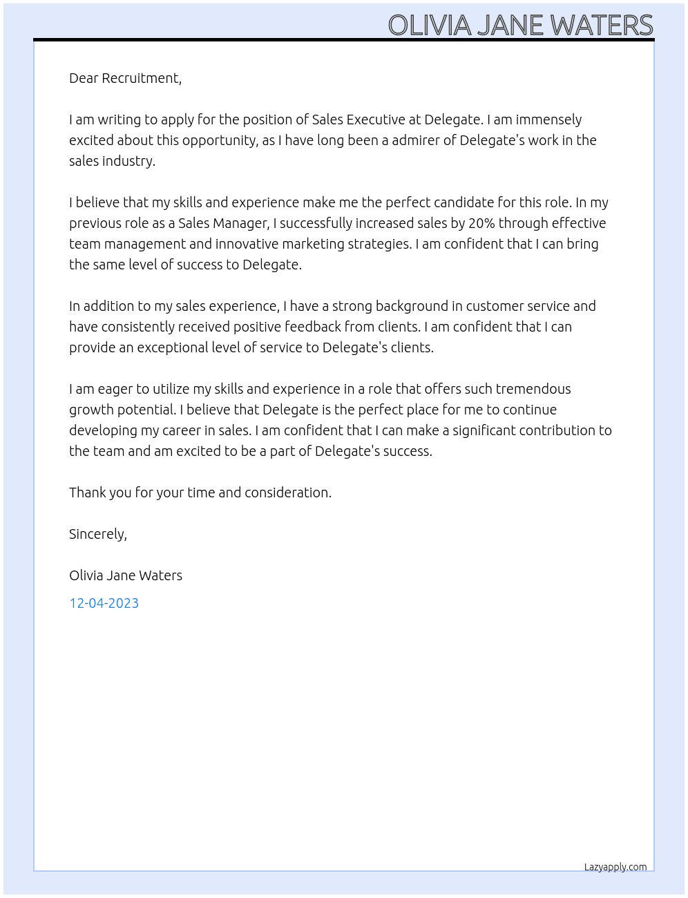 Sales Executive At Delegate Cover Letter