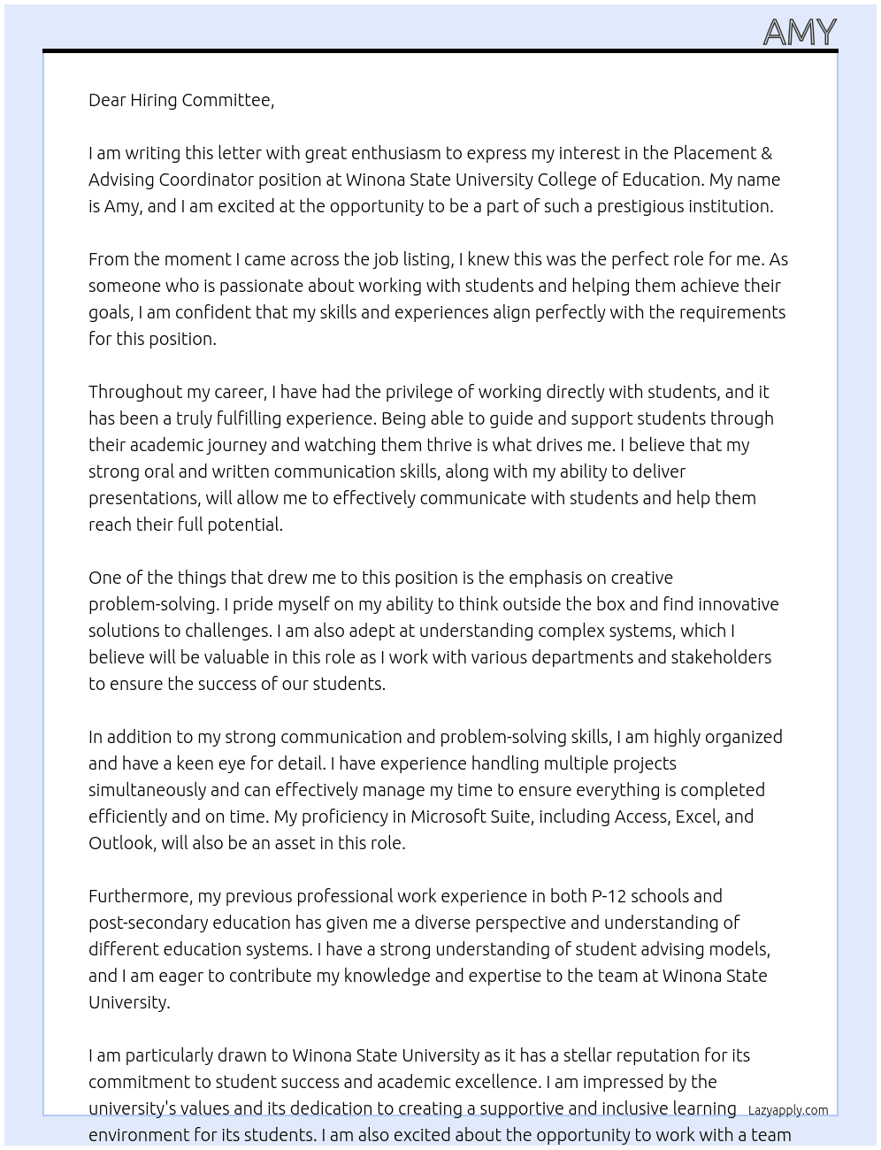 Placement & Advising Coordinator At Winona State University College of Education Cover Letter