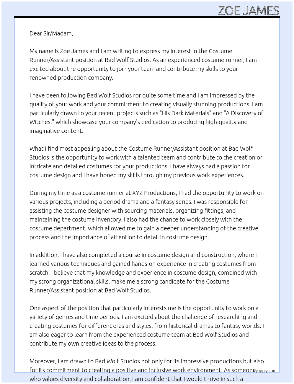Costume runner / assistant (work experience) At Bad Wolf Studios  Cover Letter