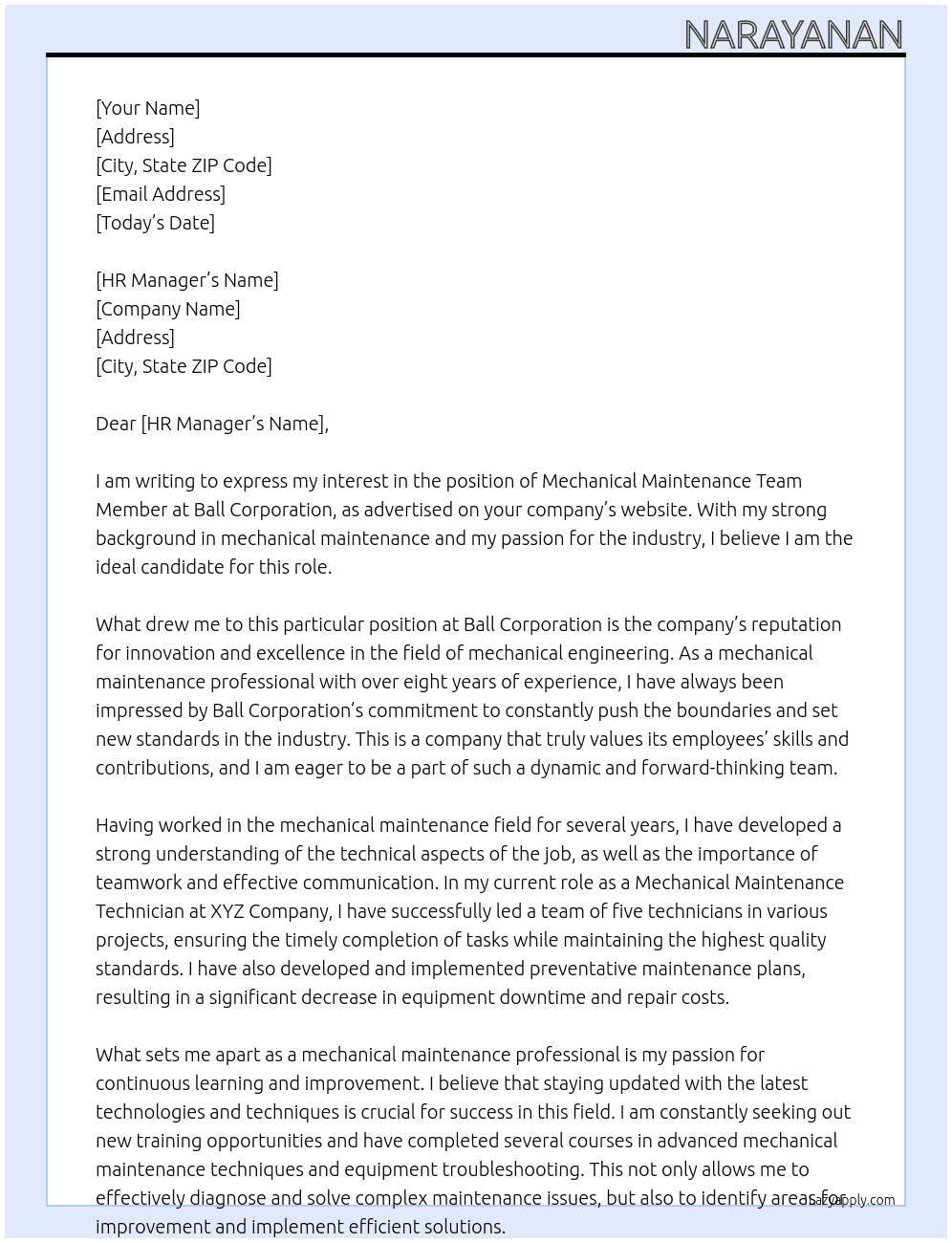 Mechanical Maintenance Team Member At Ball Corperation Cover Letter