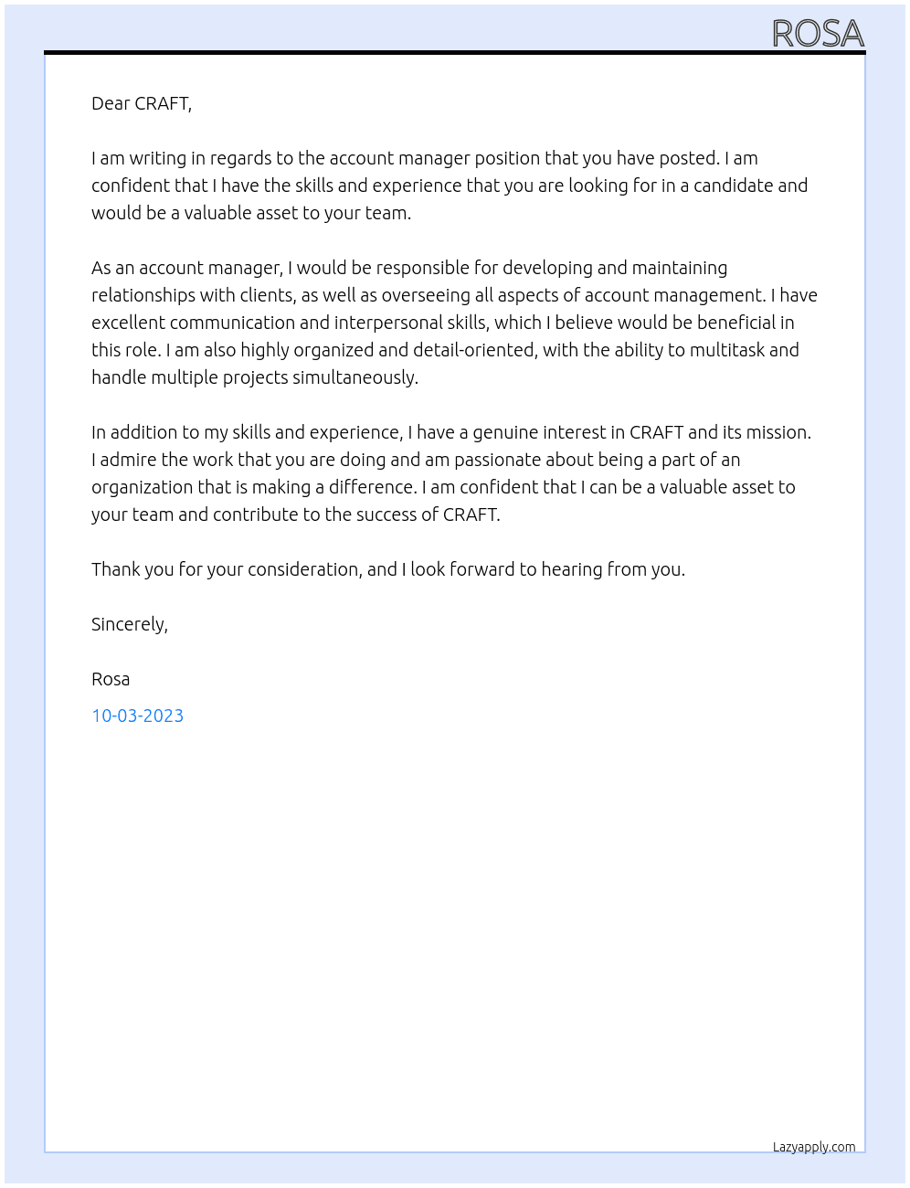 Account manager At CRAFT Cover Letter