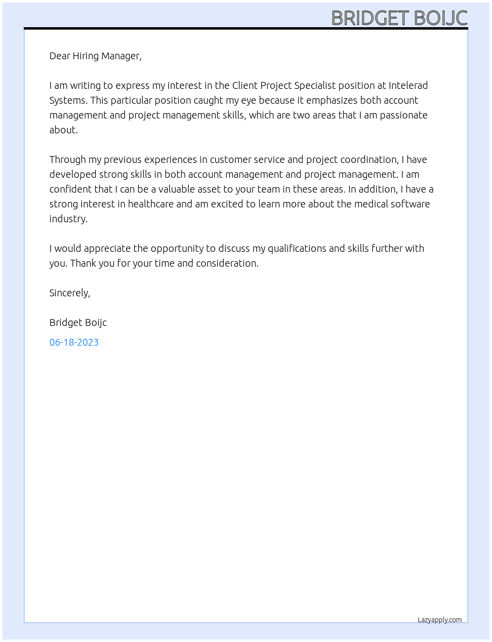 Client Project Specialist At Intelerad Systems Cover Letter