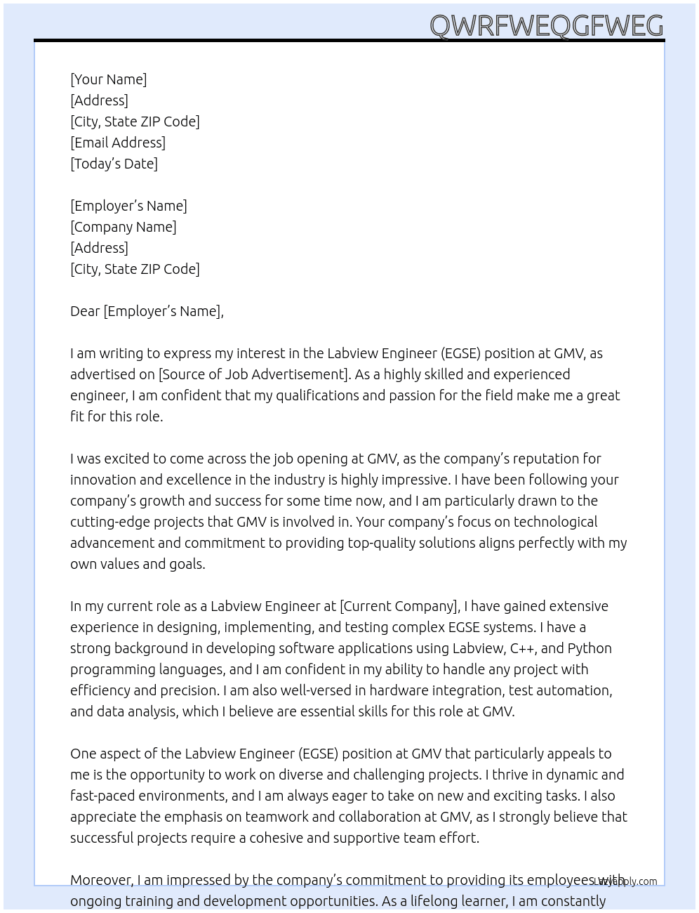 Labview Engineer (EGSE) At GMV Cover Letter