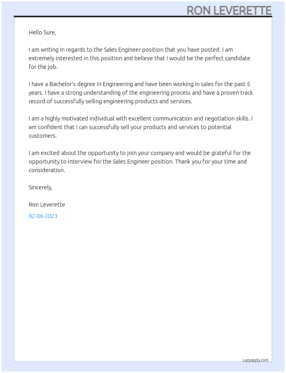 Sales Engineer  At Sure Cover Letter