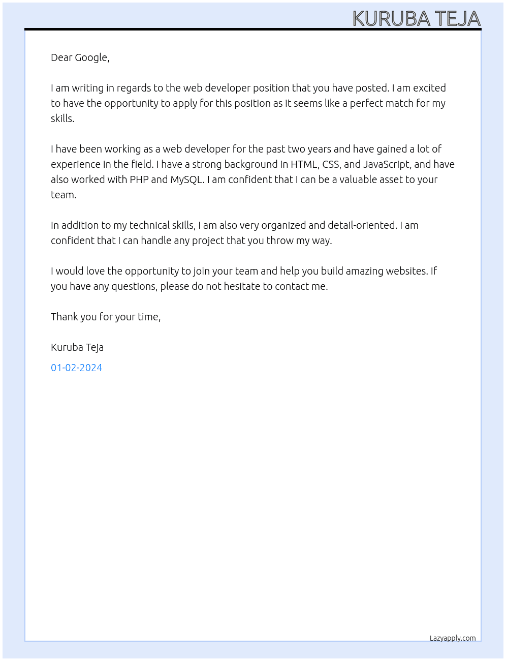 web developer At google intenship Cover Letter