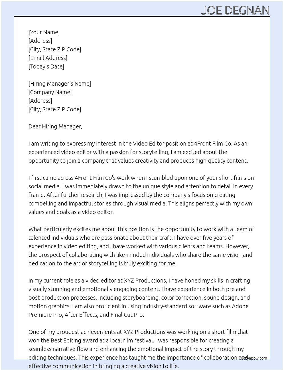 Video Editor At 4Front Film Co Cover Letter