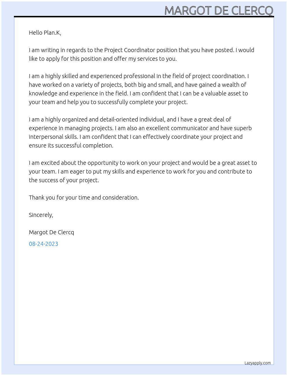 Project coordinator Plan.K At Kinky Star Cover Letter