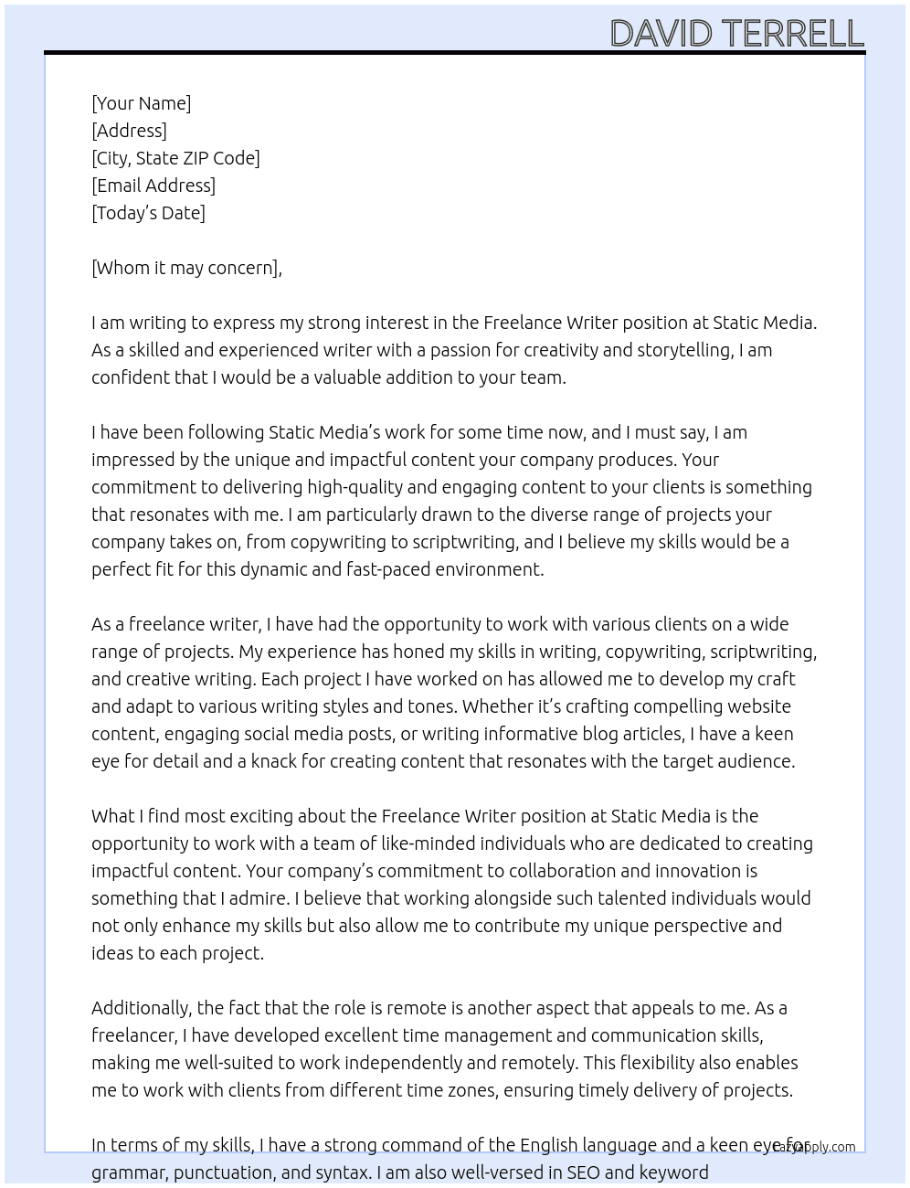 Freelance writer At Static Media Cover Letter