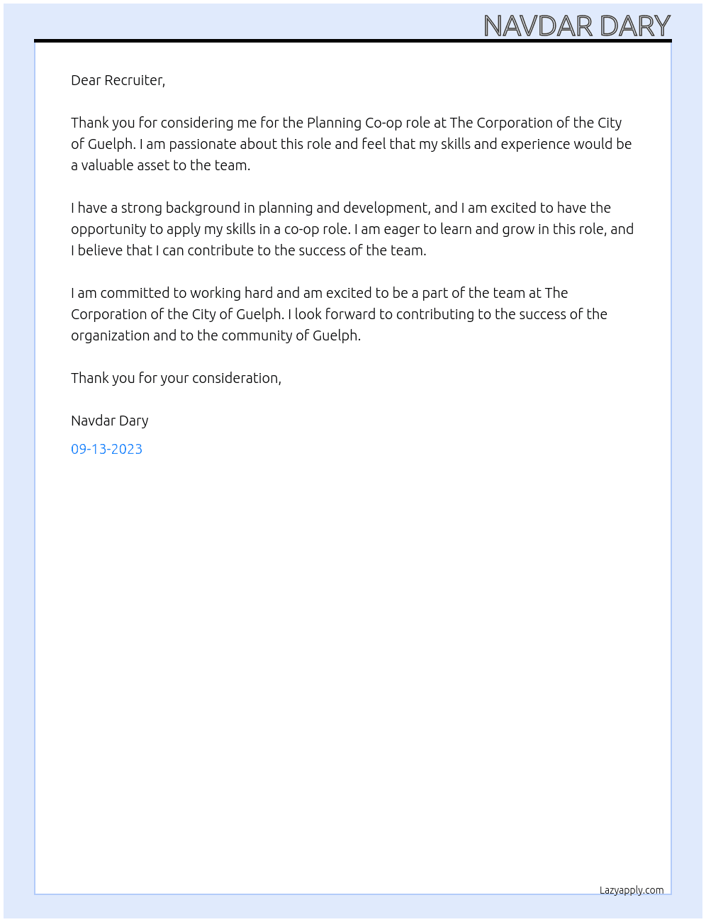 Planning Co-op At The Corporation of the City of Guelph Cover Letter