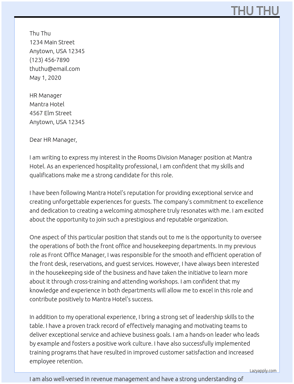 Rooms Division Manager At Mantra Hotel  Cover Letter