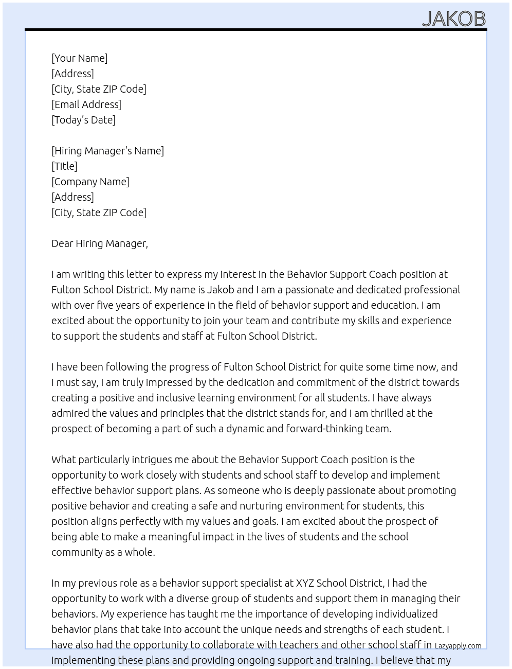 Behavior Support Coach At Fulton School District Cover Letter