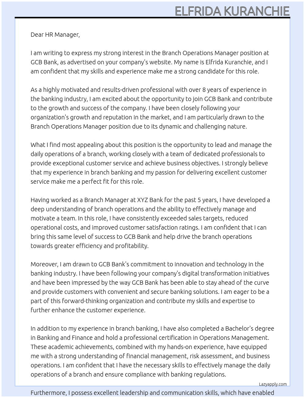 branch operations manager At GCB Bank Cover Letter