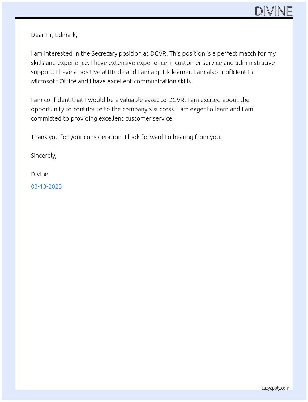 Secretary  At DGVR Cover Letter