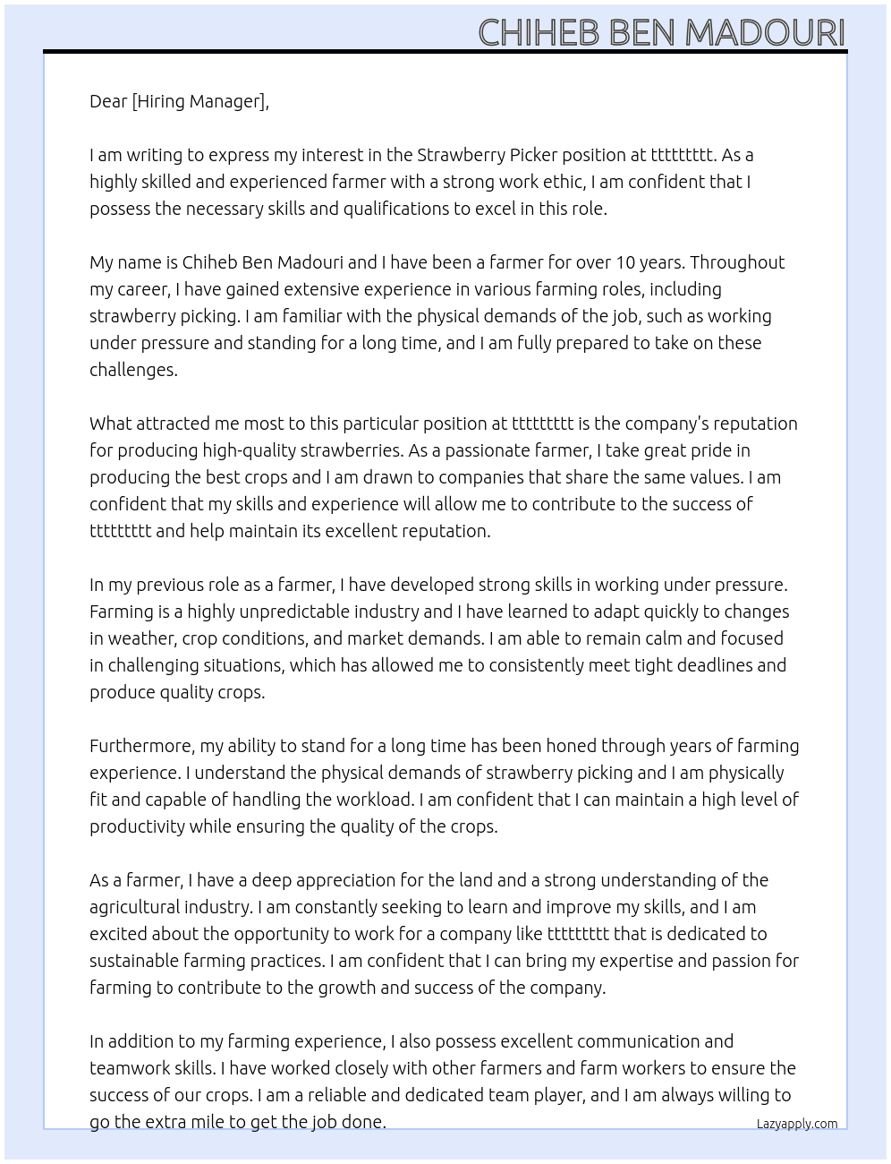 Strawberry picker At ttttttttt Cover Letter