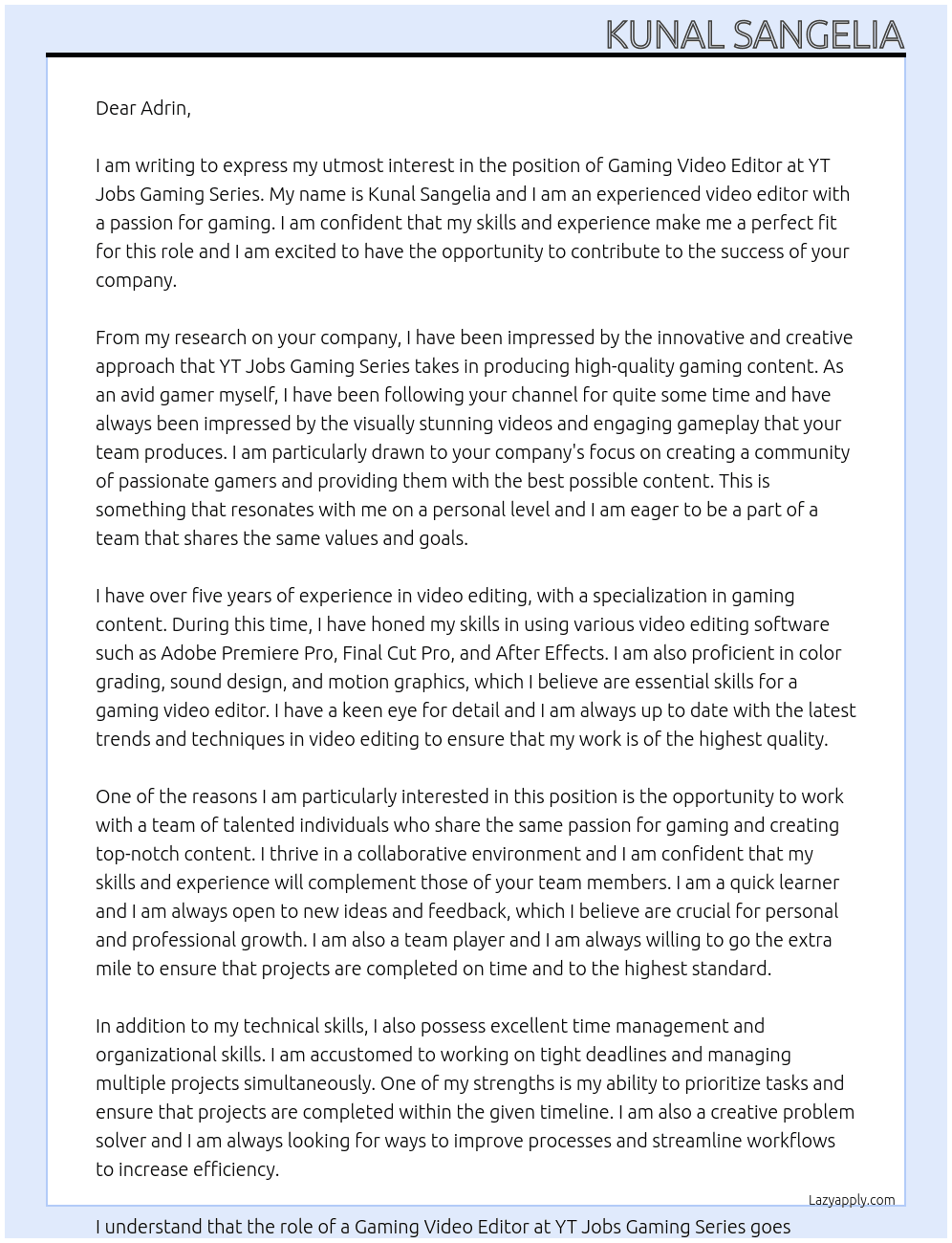 Gaming Video Editor At YT Jobs Gaming Series Cover Letter