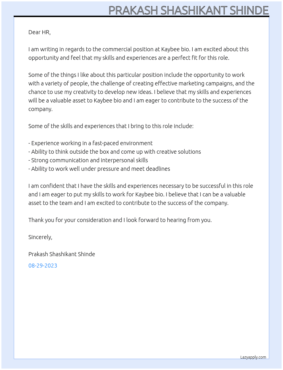 Commercial At Kaybee bio Cover Letter