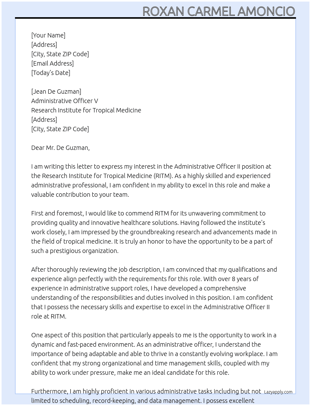 ADMINISTRATIVE OFFICER II At RESEARCH INSTITUTE FOR TROPICAL MEDICINE Cover Letter