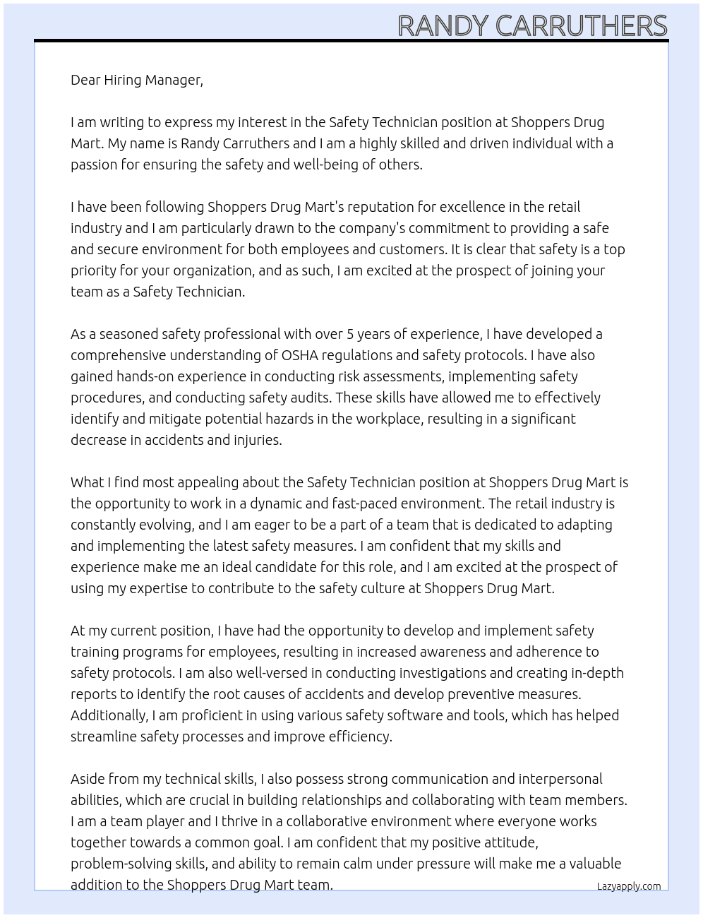 Safety Technician At Shoppers Drug Mart Cover Letter