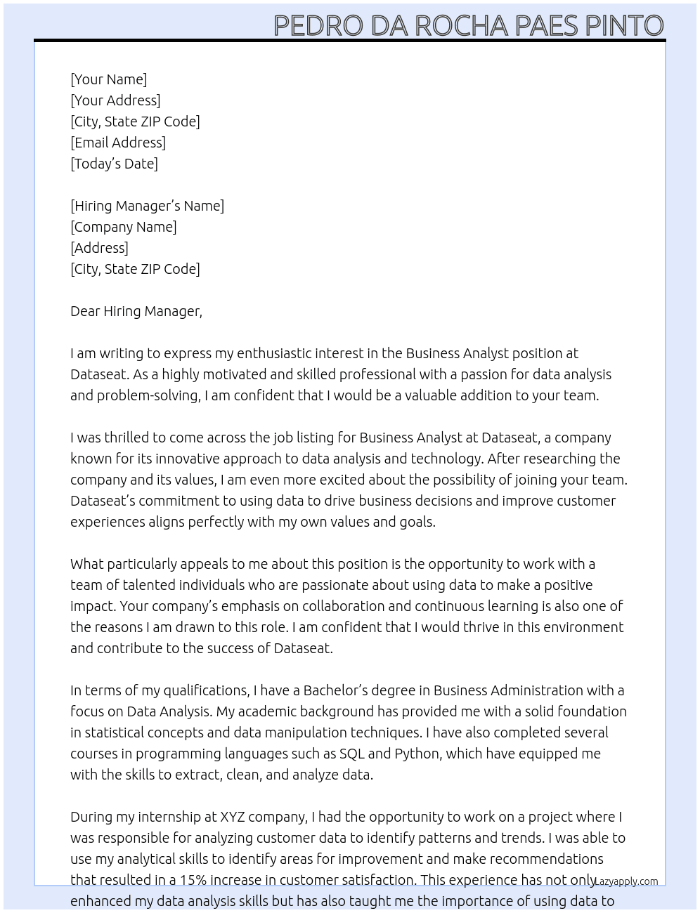 Business Analyst At  Dataseat Cover Letter