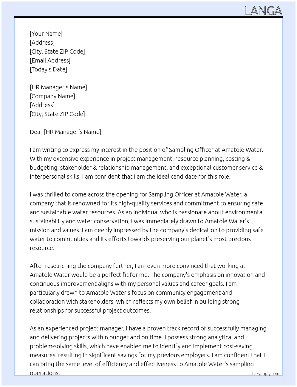 Cover letter for sampling officer - LazyApply