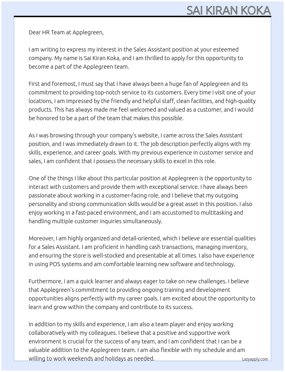 Sales assistant At Applegreen Cover Letter