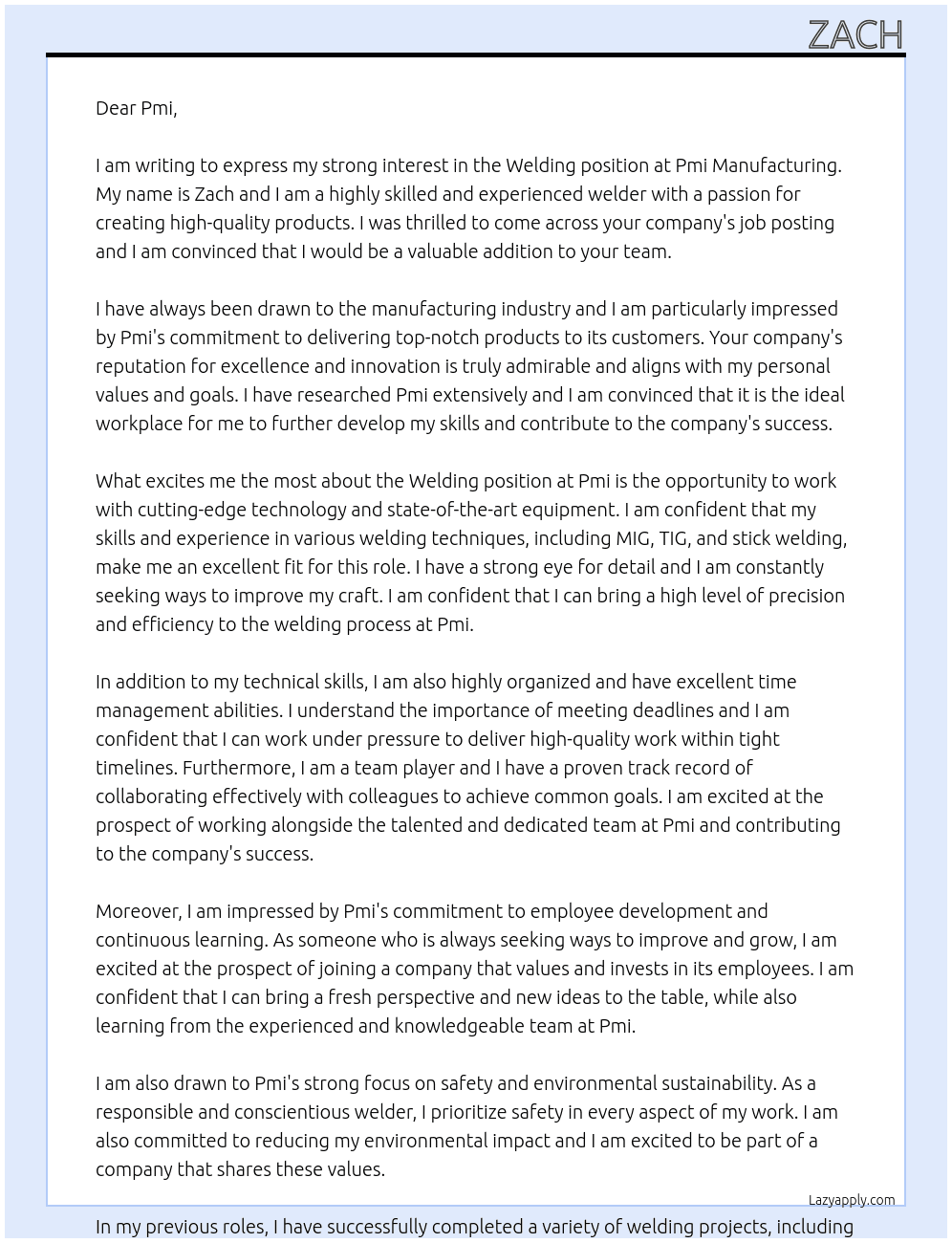 Welding At Pmi manufacturing Cover Letter