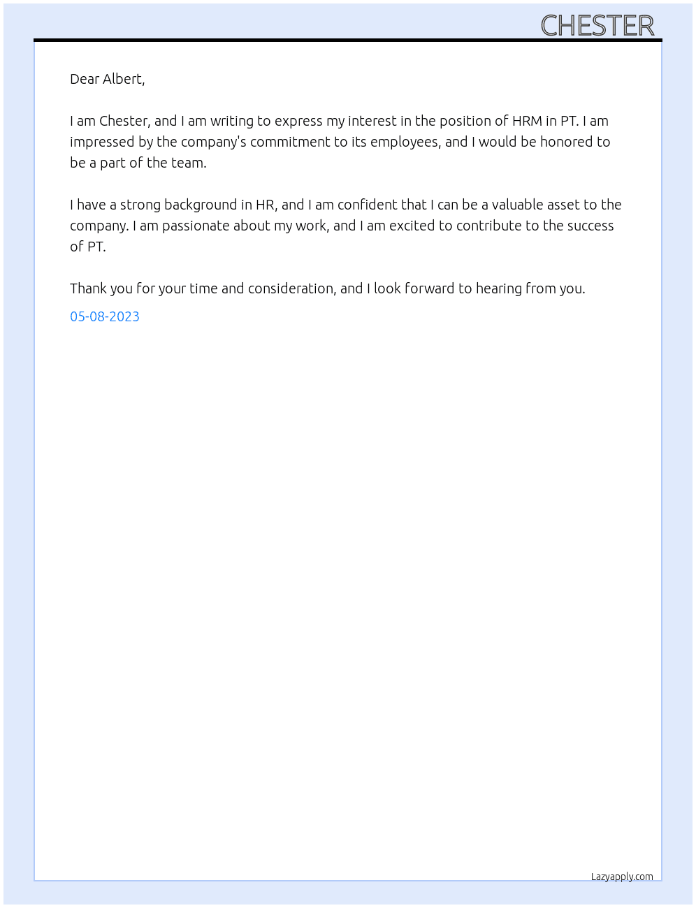 request for facility At PT Cover Letter
