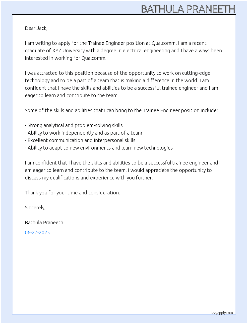 Trainee engineer  At Qualcomm  Cover Letter