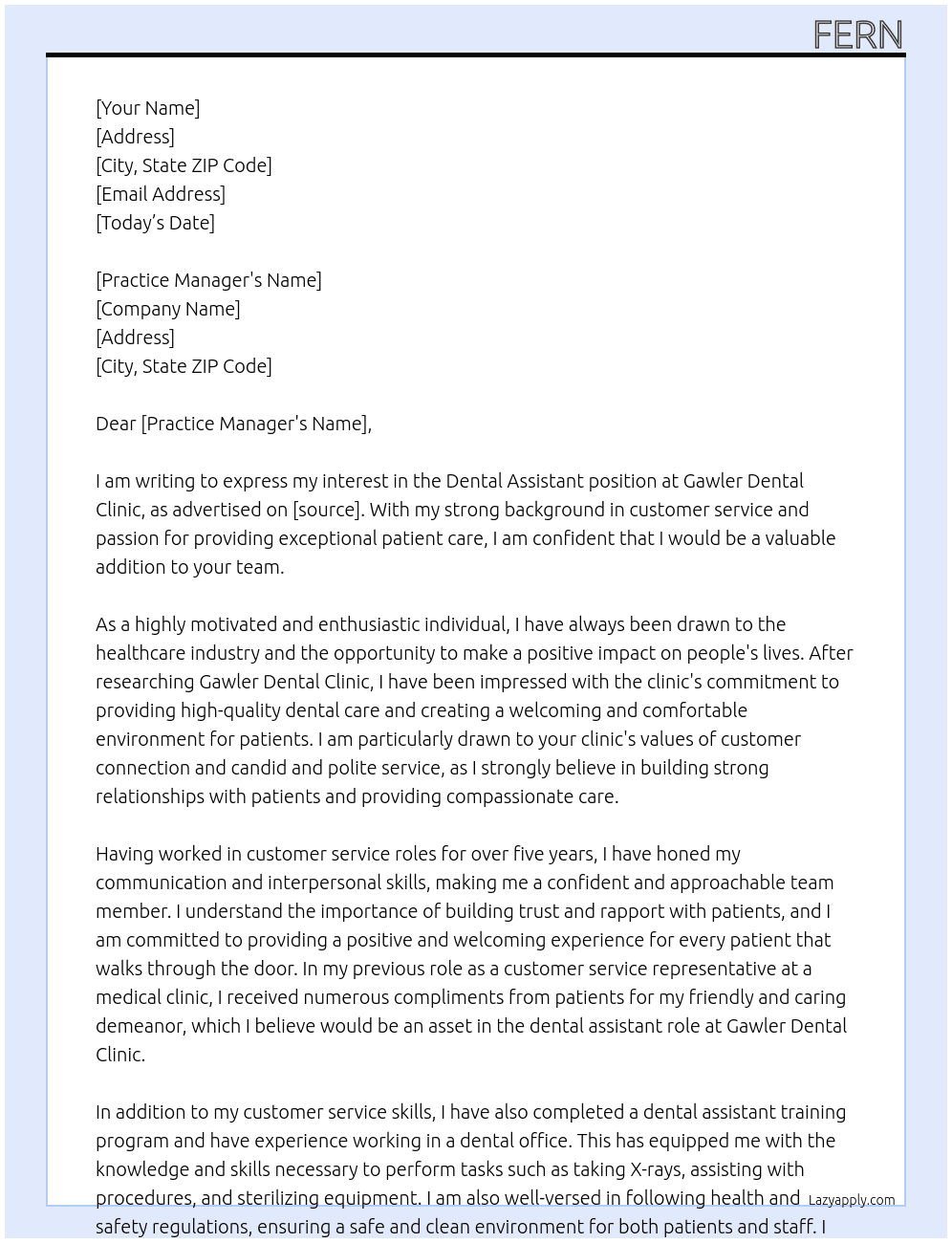 Dental Assistant  At Gawler Dental Clinic Cover Letter