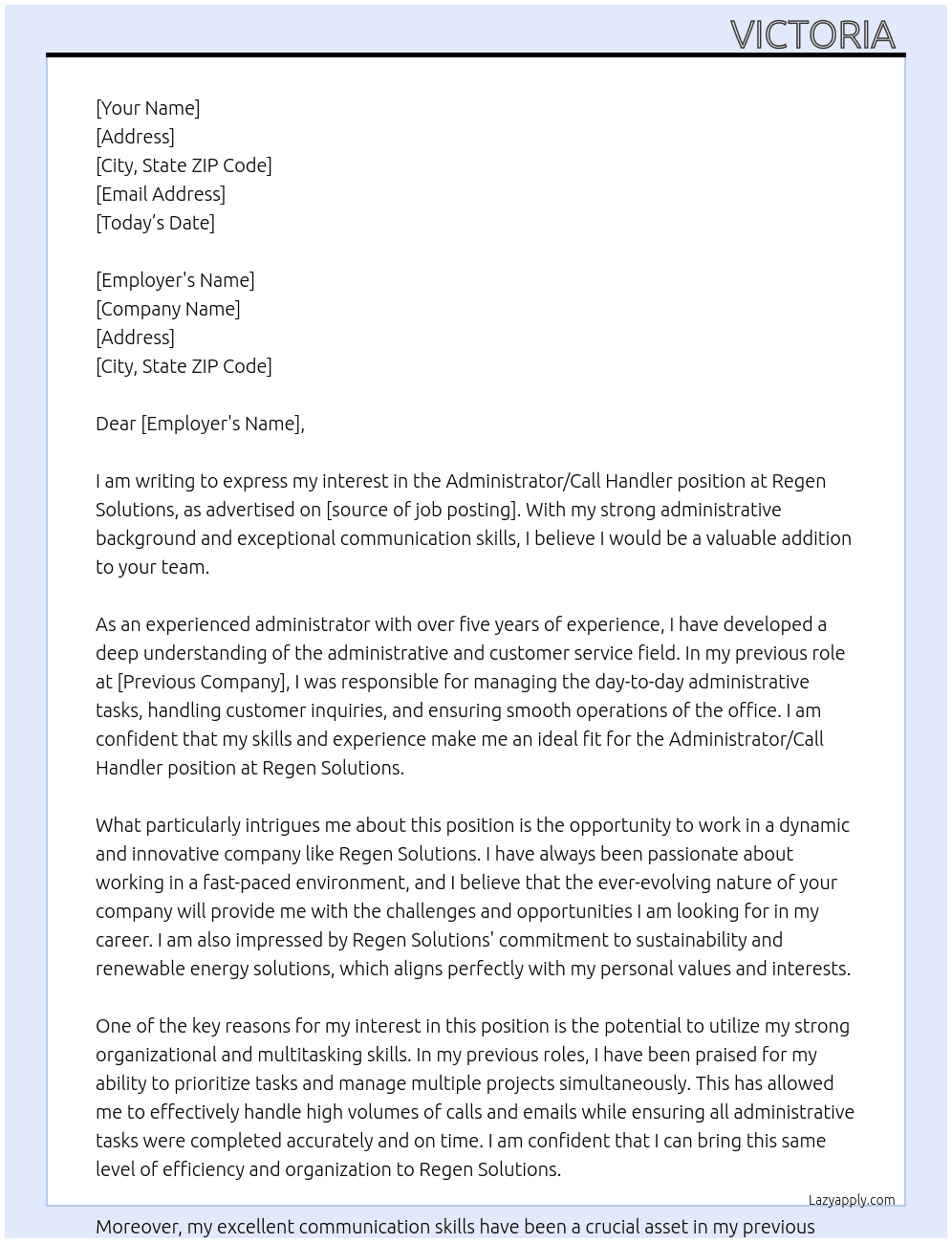 Administrator/Call Handler At Regen Solutions Cover Letter