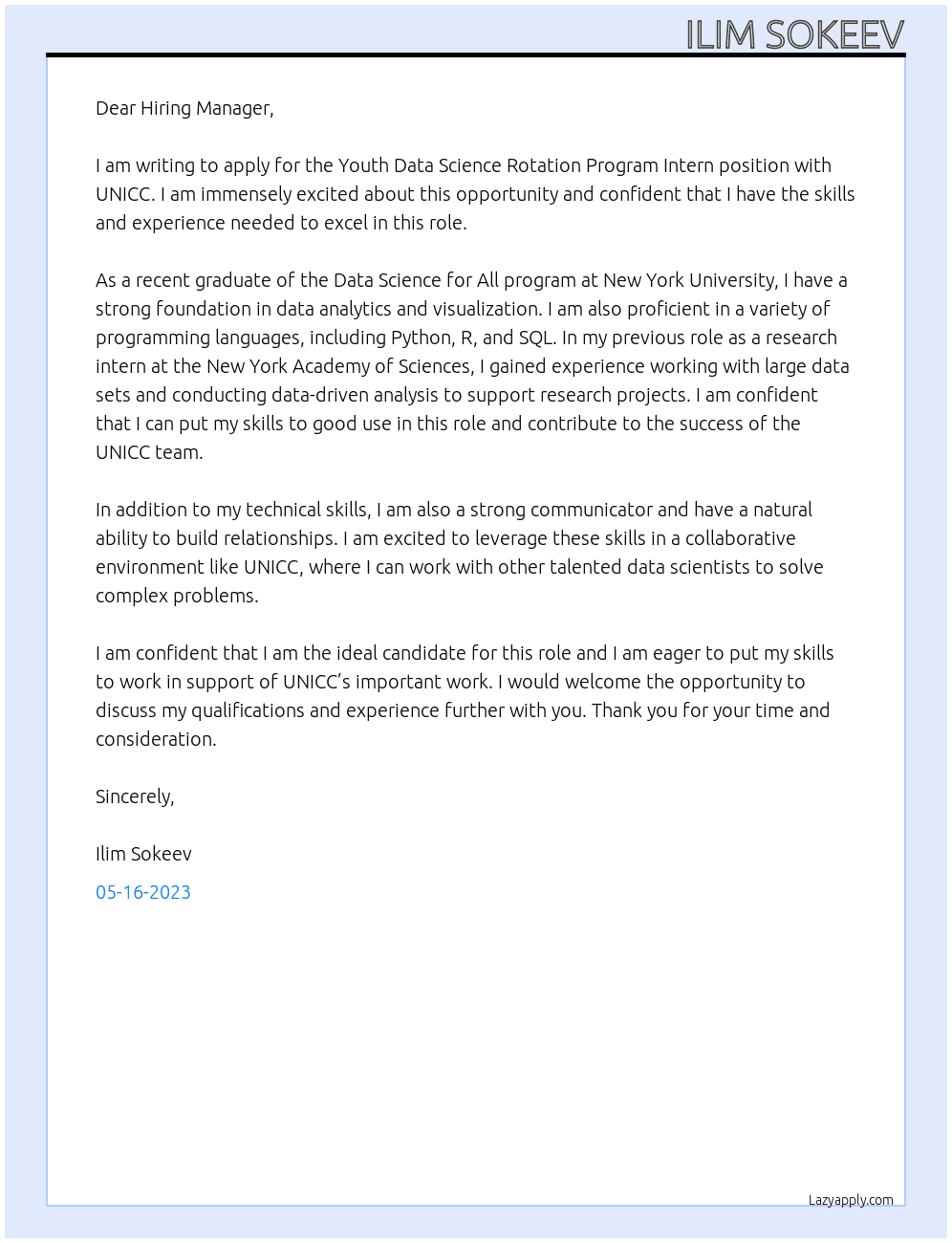 Youth Data Science Rotation Program Intern  At UNICC Cover Letter