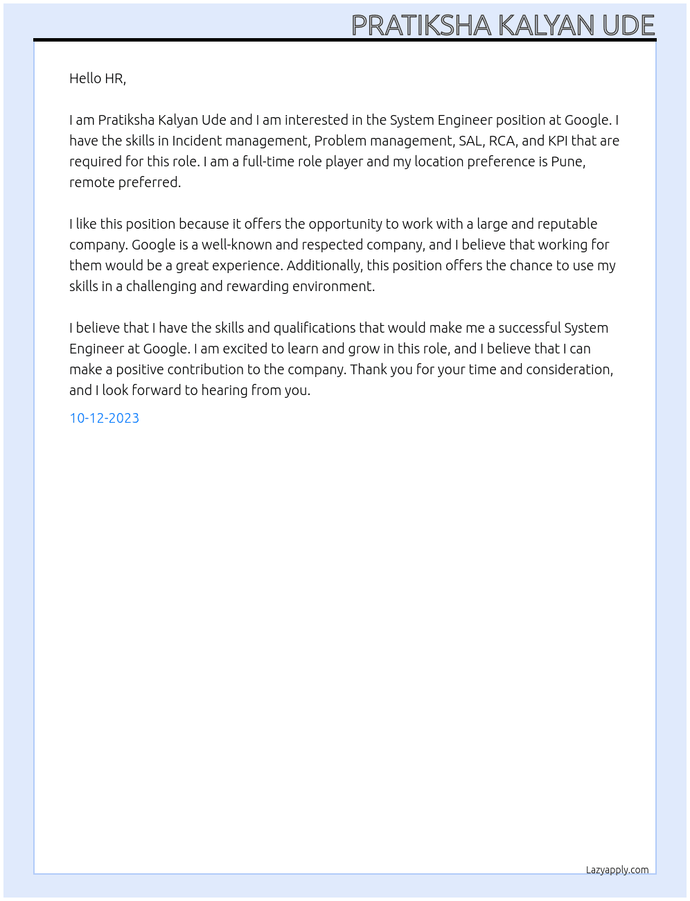 System engineer  At Google  Cover Letter