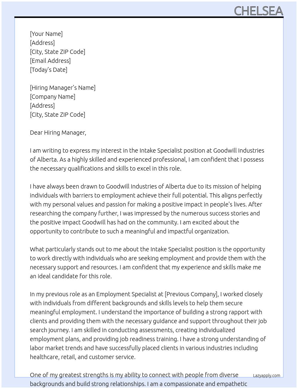Intake Specialist At Goodwill Industries of Alberta Cover Letter