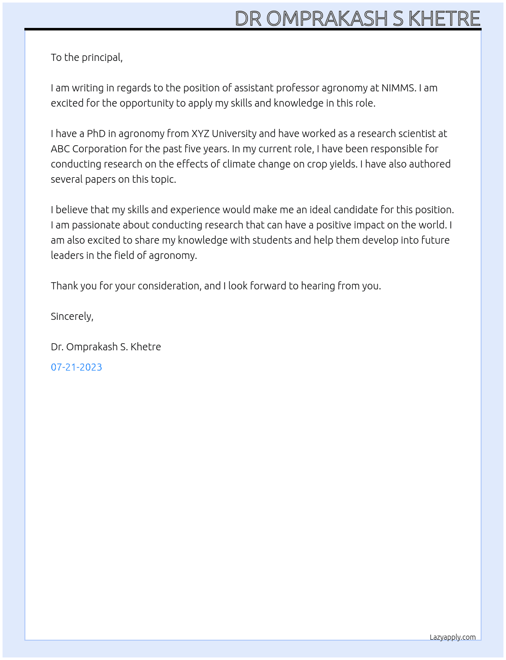 Assitant Professor Agronomy At NIMMS Cover Letter