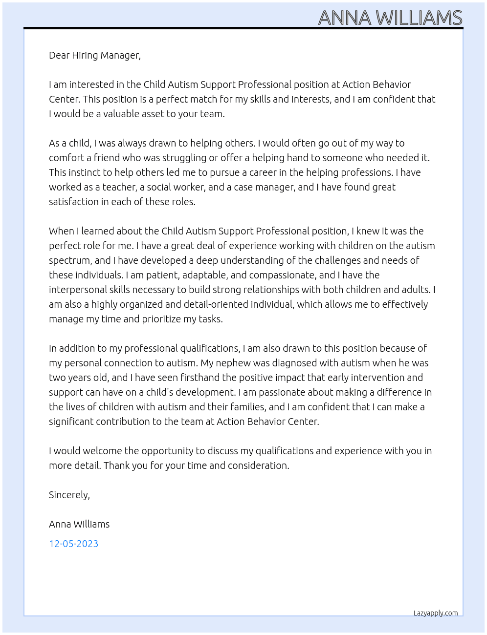 Child Autism Support Professional At Action Behavior Center Cover Letter
