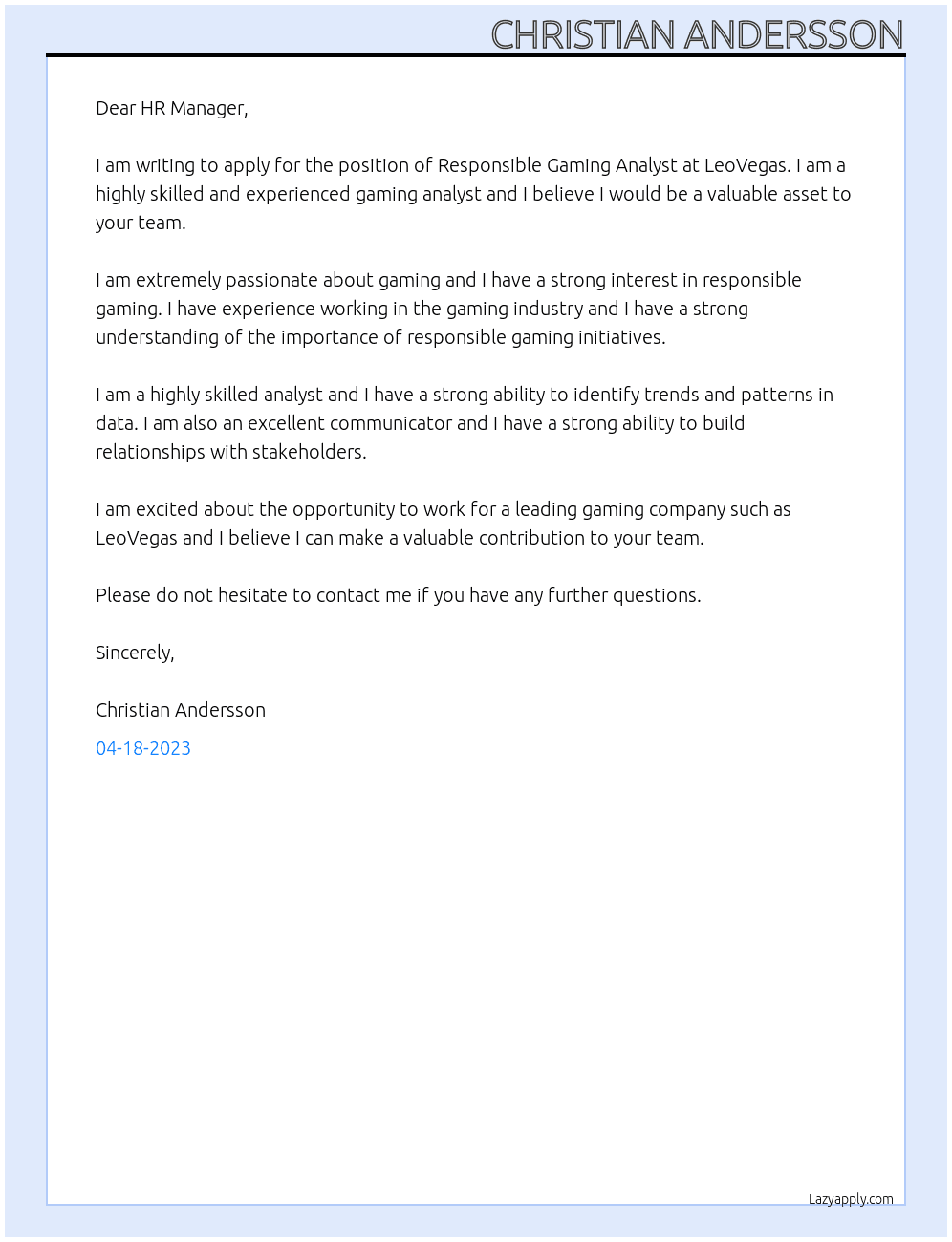 Responsible Gaming Analyst At LeoVegas Cover Letter
