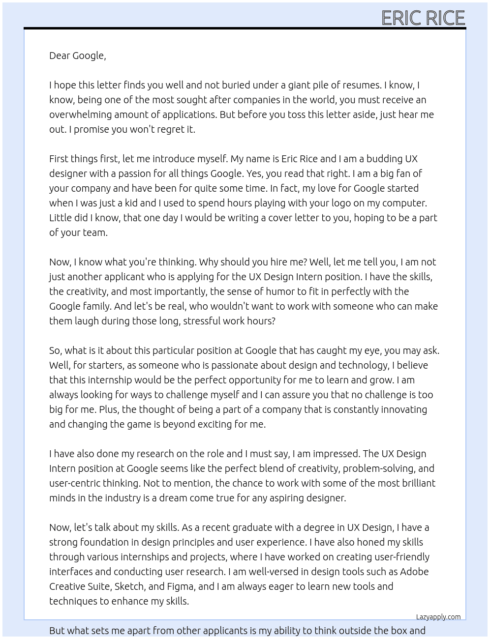 UX Design Intern At Google Cover Letter