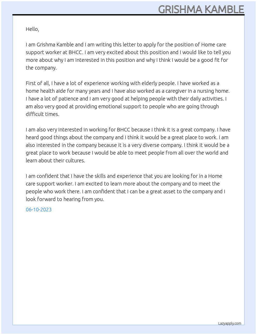 Home care support worker  At BHCC Cover Letter