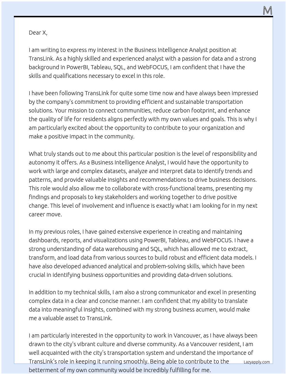 Business Intelligence Analyst At TransLink Cover Letter